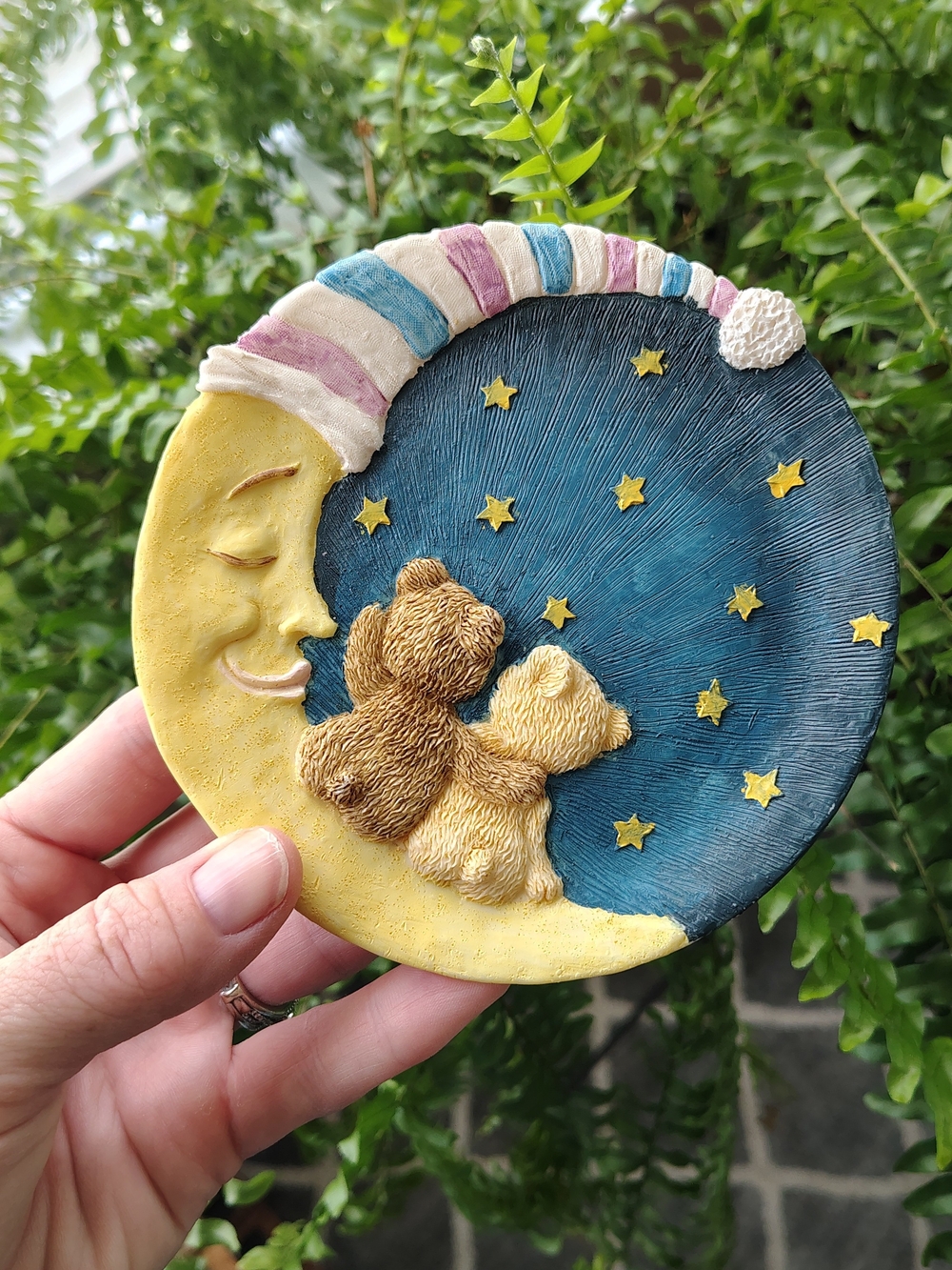 Vintage 1997 Moon & Teddy Nightlight Collector Plate in Yellow, Blue and Pink